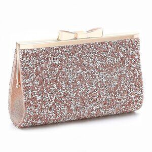 Champagne Blush Pink Silver Gold Crystal Bead Bow Evening Purse Clutch Bag